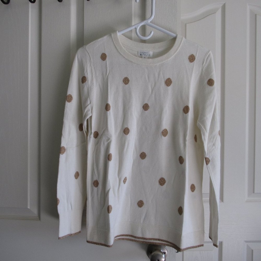 Market & Spruce Crew Neck Pullover Sweater Cream with Metallic Gold Dots Medium